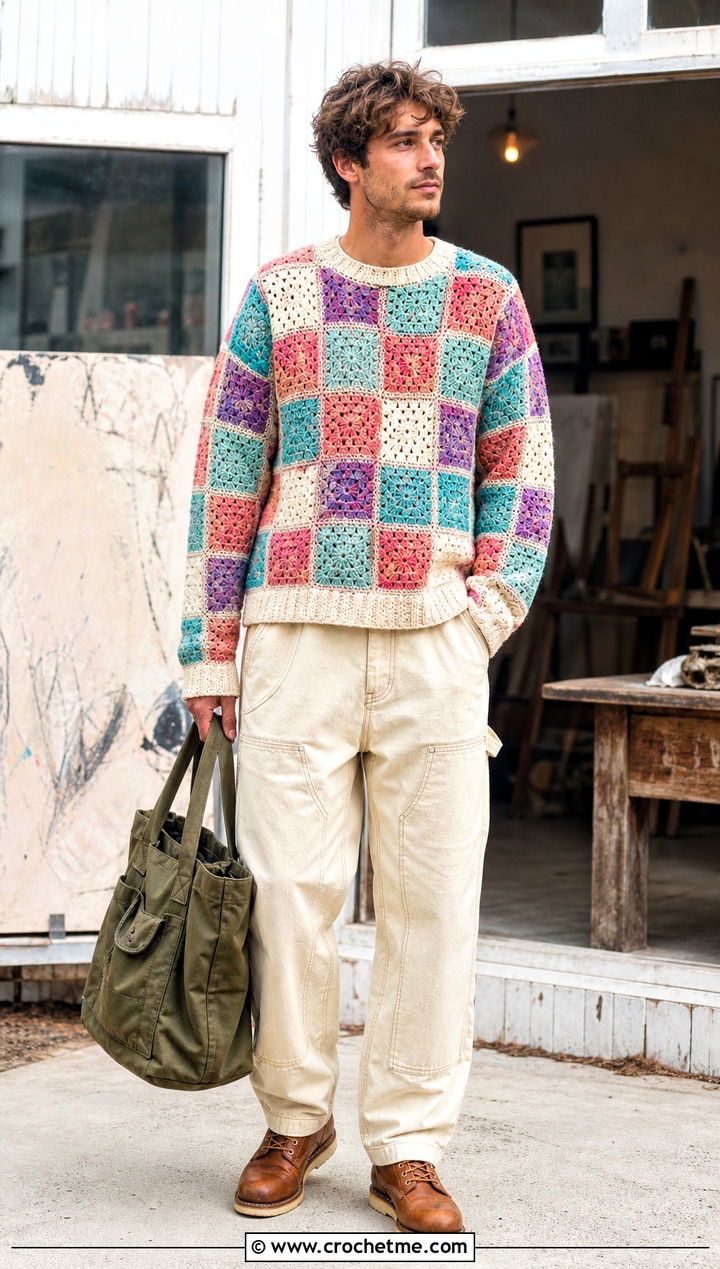 Patchwork Crochet Sweater With Carpenter Jeans - 30 crochet sweater for man outfit ideas