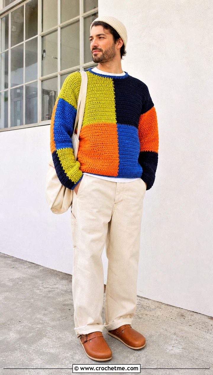 Patchwork Crochet Sweater With Carpenter Pants - 35 crochet man sweaters outfit ideas