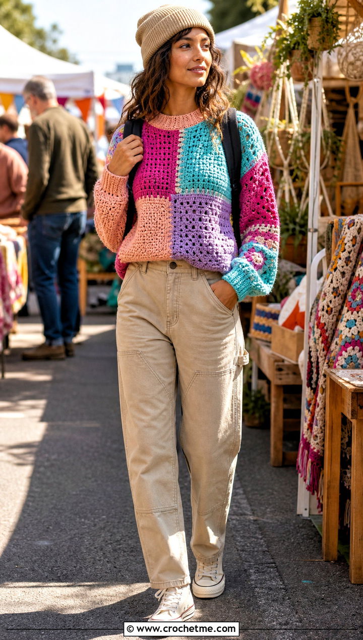 Patchwork Crochet Sweater With Carpenter Pants - 35 diy crochet sweater outfit ideas