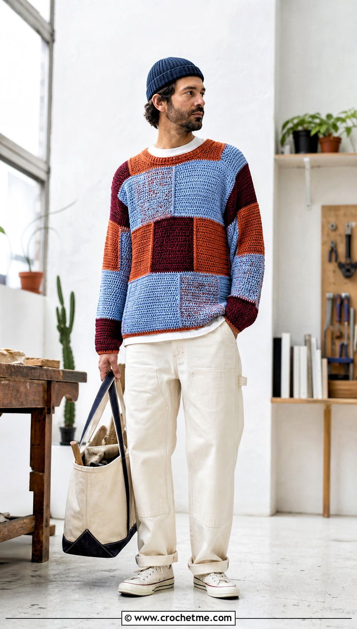 Patchwork Crochet Sweater With Carpenter Pants - 35 men's crochet sweater ideas