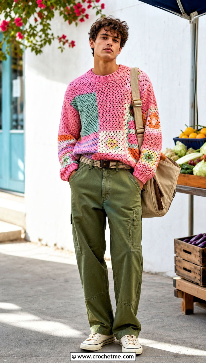 Patchwork Crochet Sweater With Carpenter Pants - 30 men's crochet sweater outfit ideas
