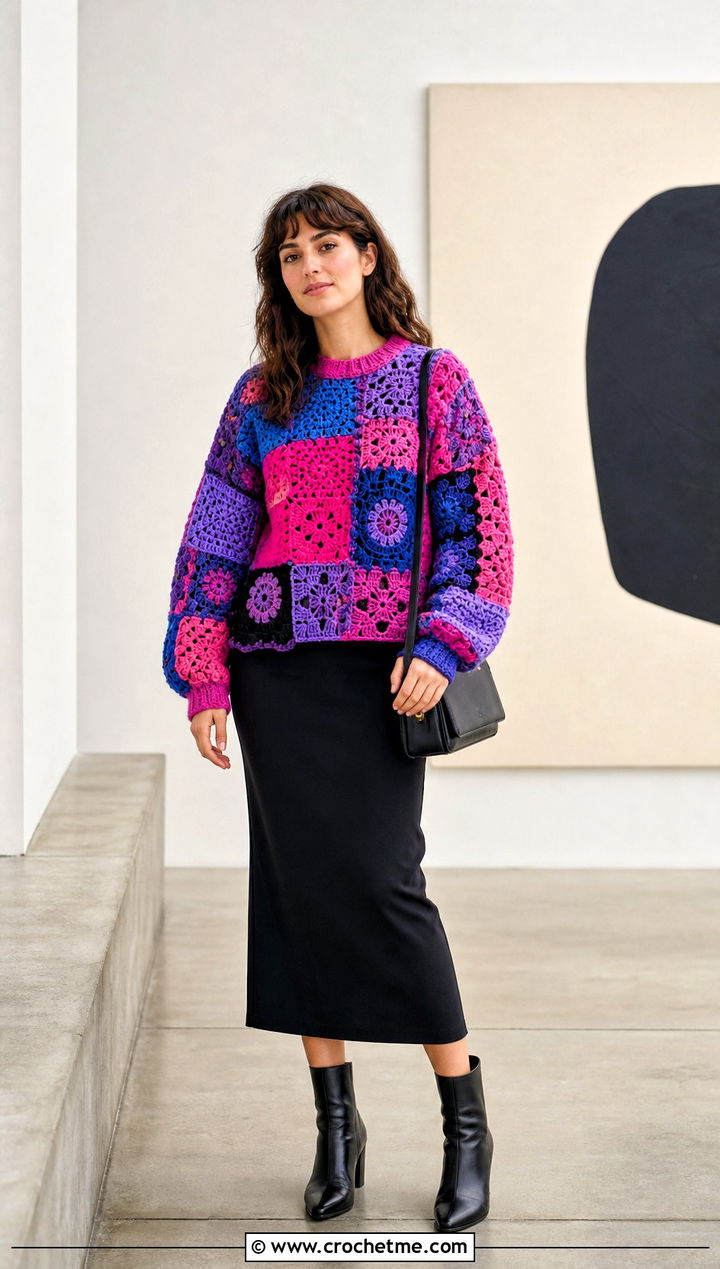 Patchwork Crochet Sweater With Column Skirt - 30 knit look crochet sweater outfit ideas