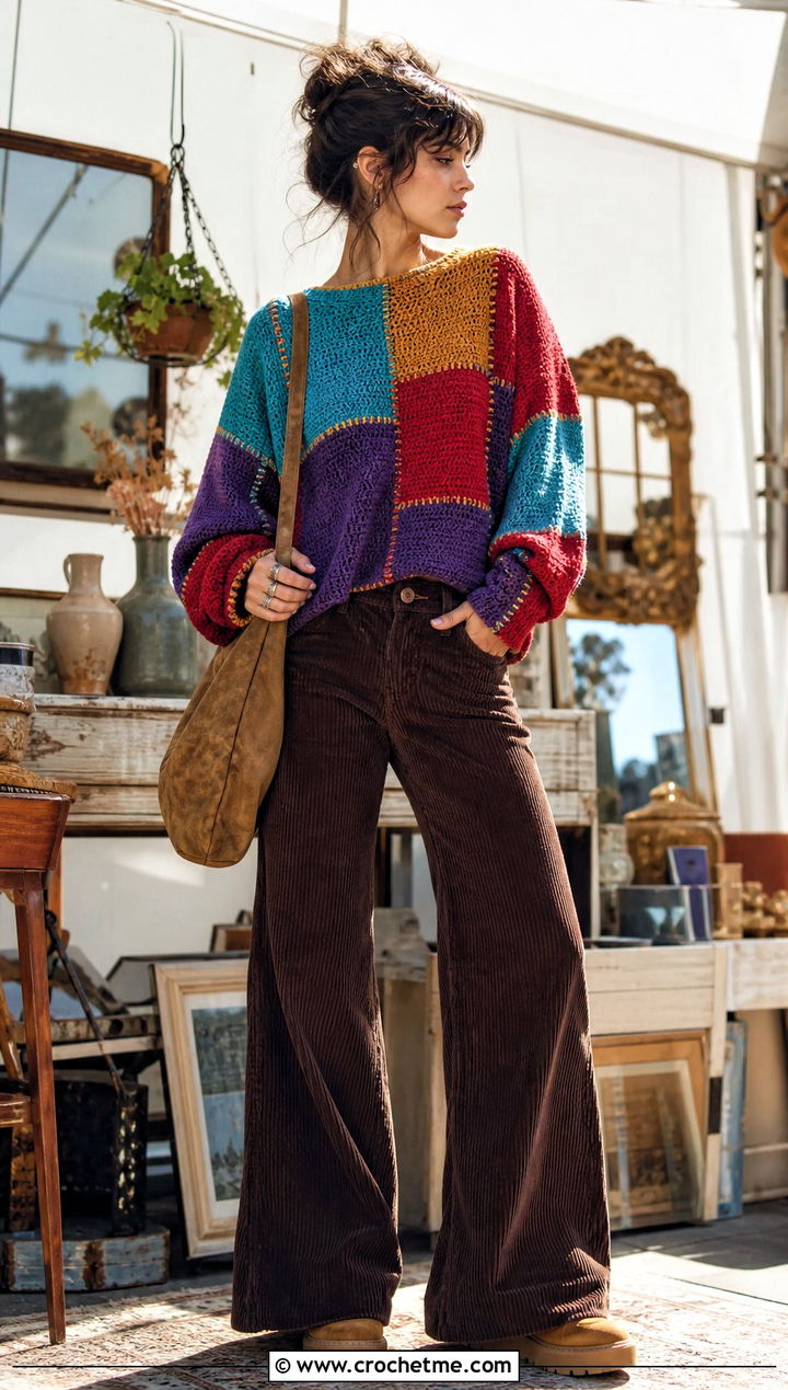 Patchwork Crochet Sweater With Corduroy Pants - 25 alt crochet sweater outfit ideas