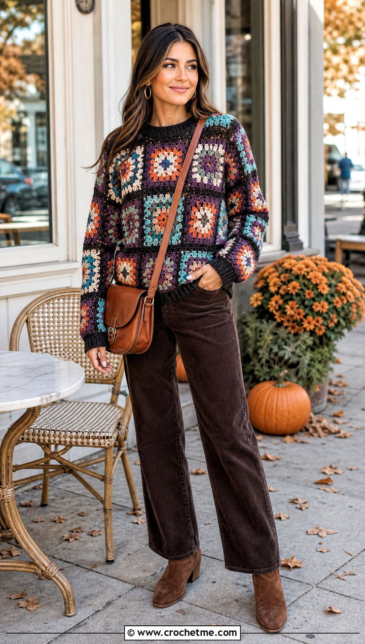 Patchwork Crochet Sweater With Corduroy Pants - 15 Anthropologie Crochet Sweater outfit ideas