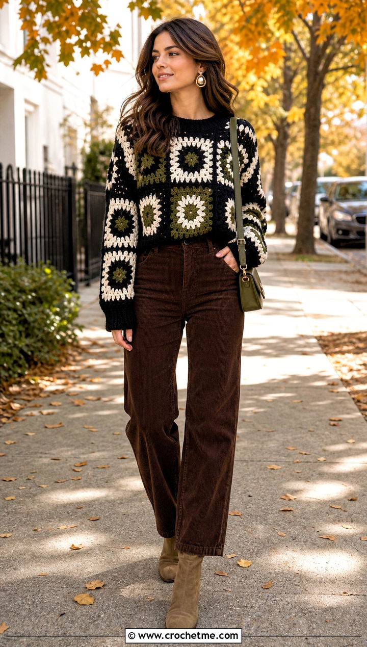 Patchwork Crochet Sweater With Corduroy Pants - 35 black and white crochet sweater outfit ideas