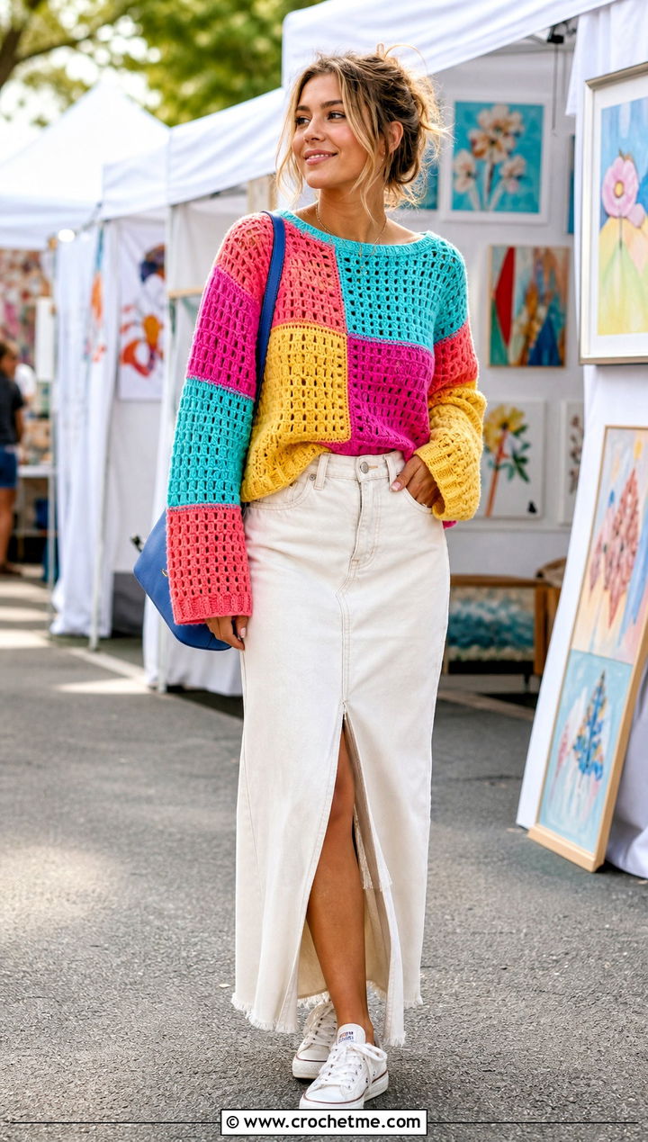 Patchwork Crochet Sweater With Denim Maxi Skirt - 35 crocheted sweaters outfit ideas