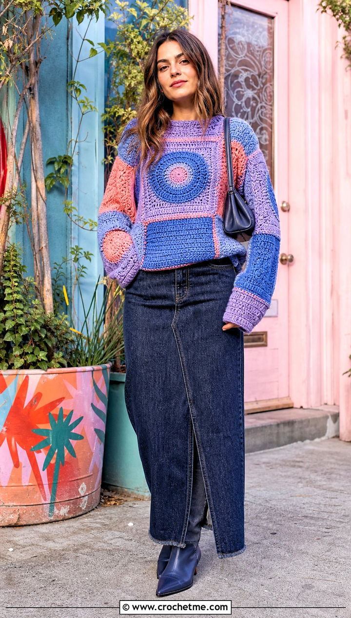 Patchwork Crochet Sweater With Denim Maxi Skirt - 35 crochet sweater women outfit ideas