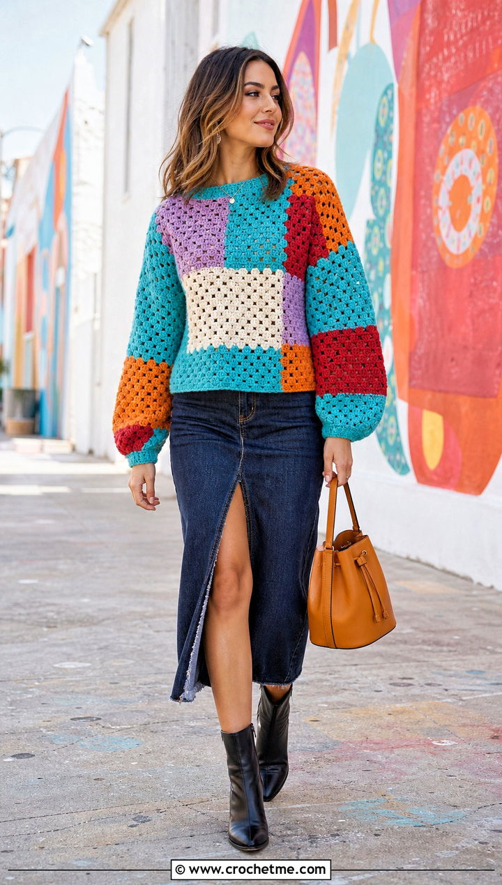 Patchwork Crochet Sweater With Denim Midi Skirt - 15 Simple Crochet Sweater Design outfit ideas
