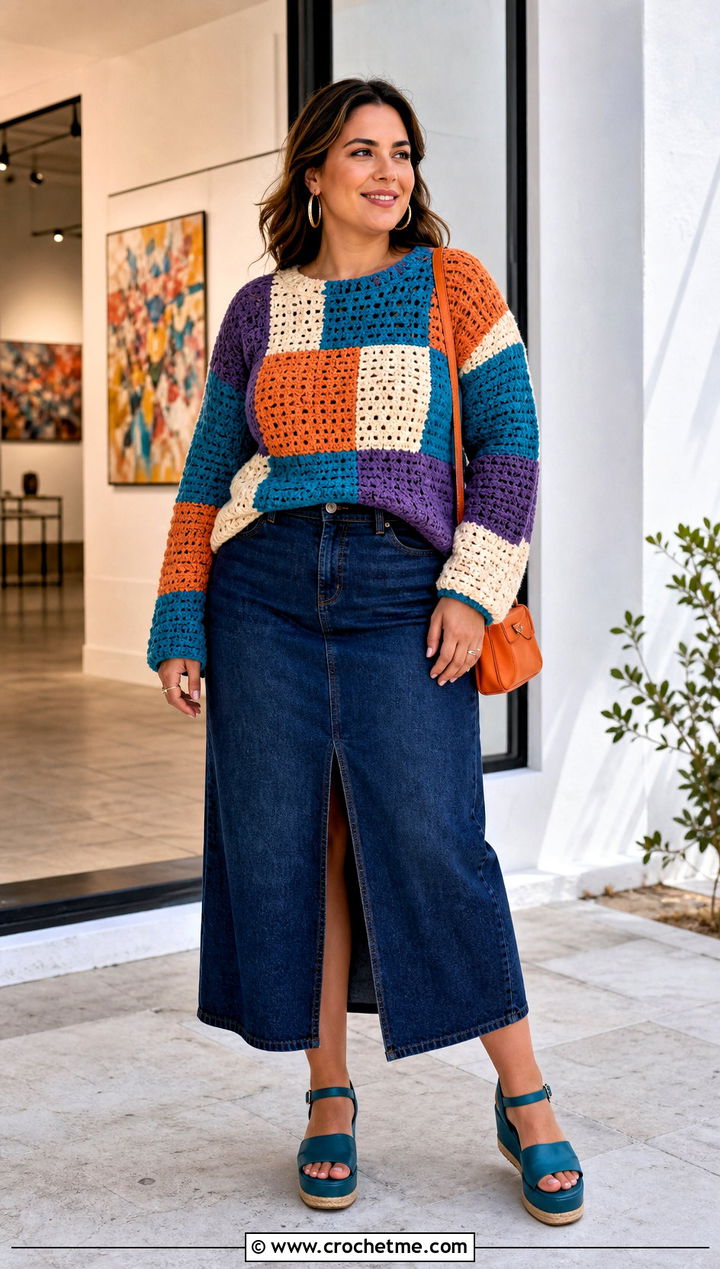 Patchwork Crochet Sweater With Denim Midi Skirt - 15 Summer Style Crochet Sweater outfit ideas