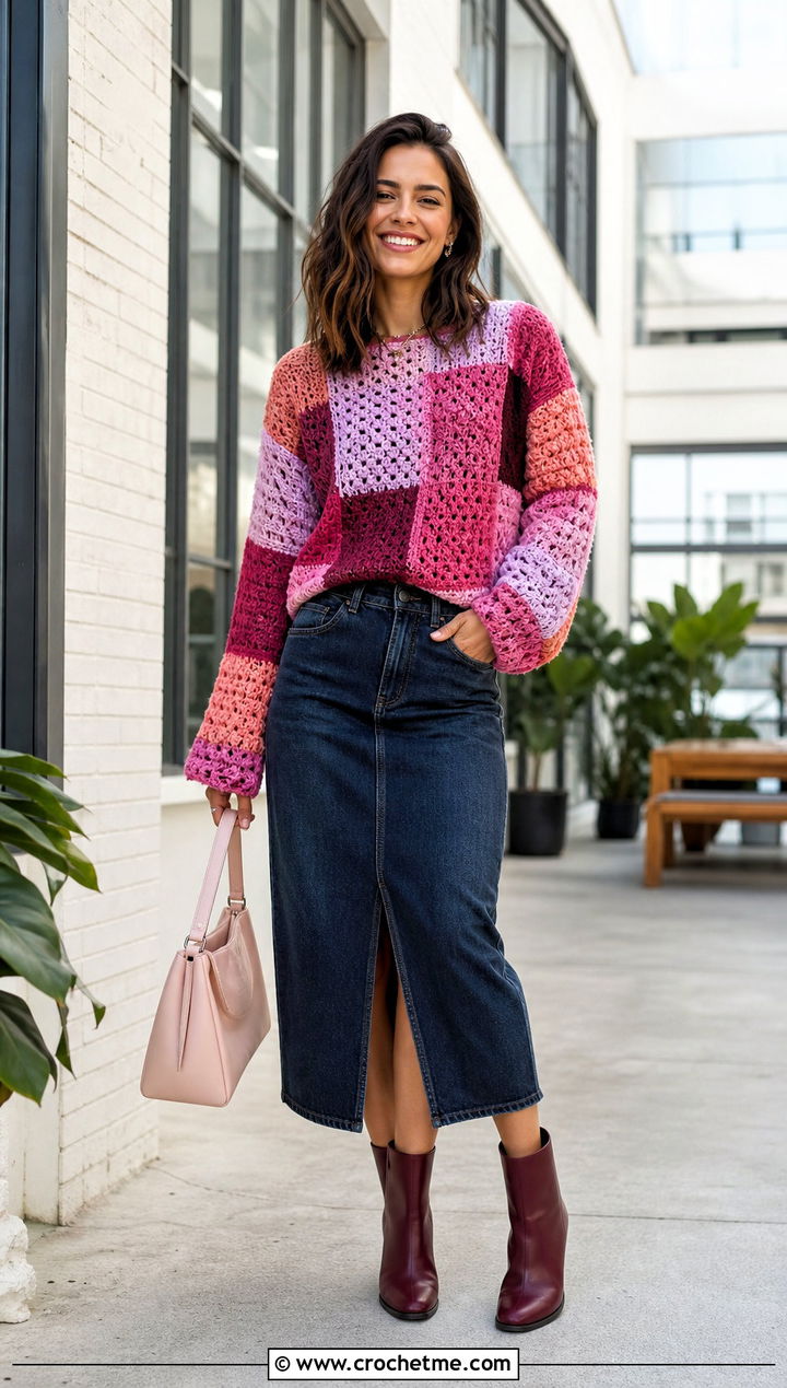 Patchwork Crochet Sweater With Denim Midi Skirt - 35 simple crochet sweater outfit ideas