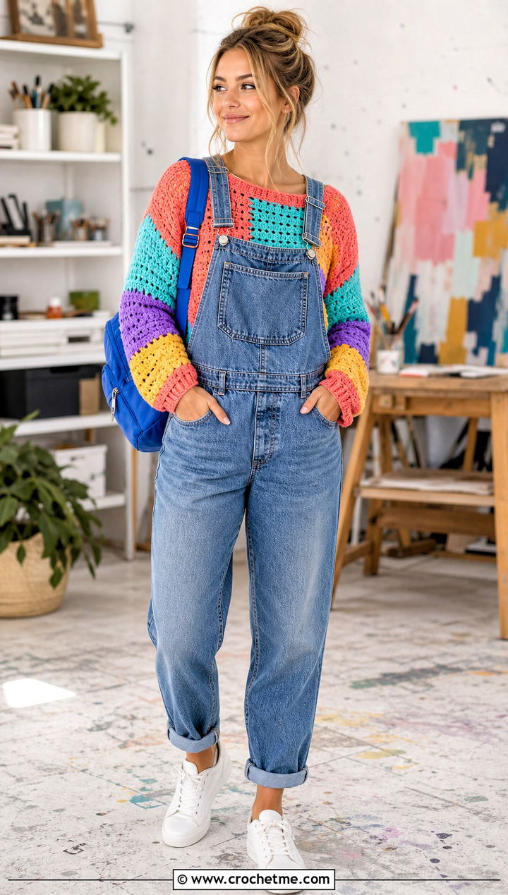 Patchwork Crochet Sweater With Denim Overalls - 35 cute crochet sweater outfit ideas