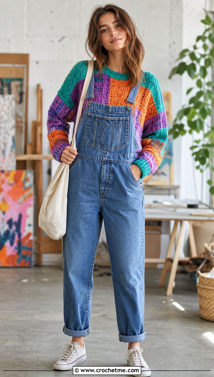 Patchwork Crochet Sweater With Denim Overalls - 25 90s crochet sweater outfit ideas