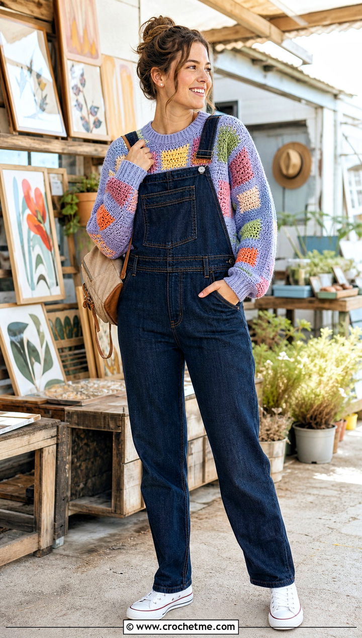 Patchwork Crochet Sweater With Denim Overalls - 25 Crochet Quick Sweater outfit ideas
