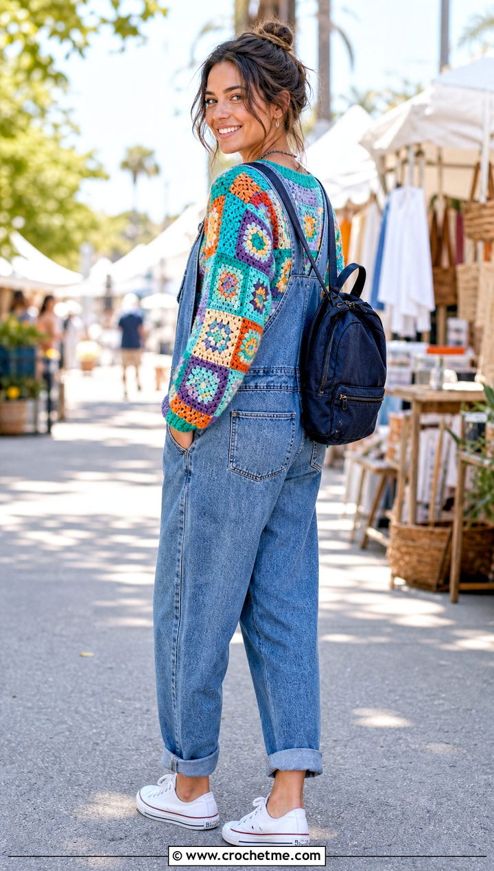 Patchwork Crochet Sweater With Denim Overalls - 20 Crochet Lightweight Sweater outfit ideas