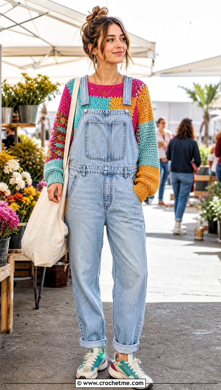 Patchwork Crochet Sweater With Denim Overalls - 30 cool crochet sweater outfit ideas