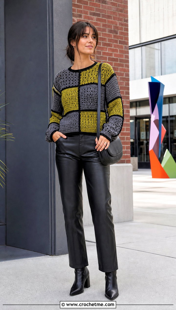 Patchwork Crochet Sweater With Faux Leather Pants - 35 diy crochet clothes and outfit ideas