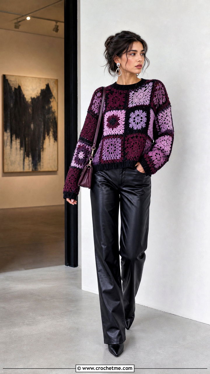 Patchwork Crochet Sweater With Leather Pants - 35 crochet sweaters outfit ideas