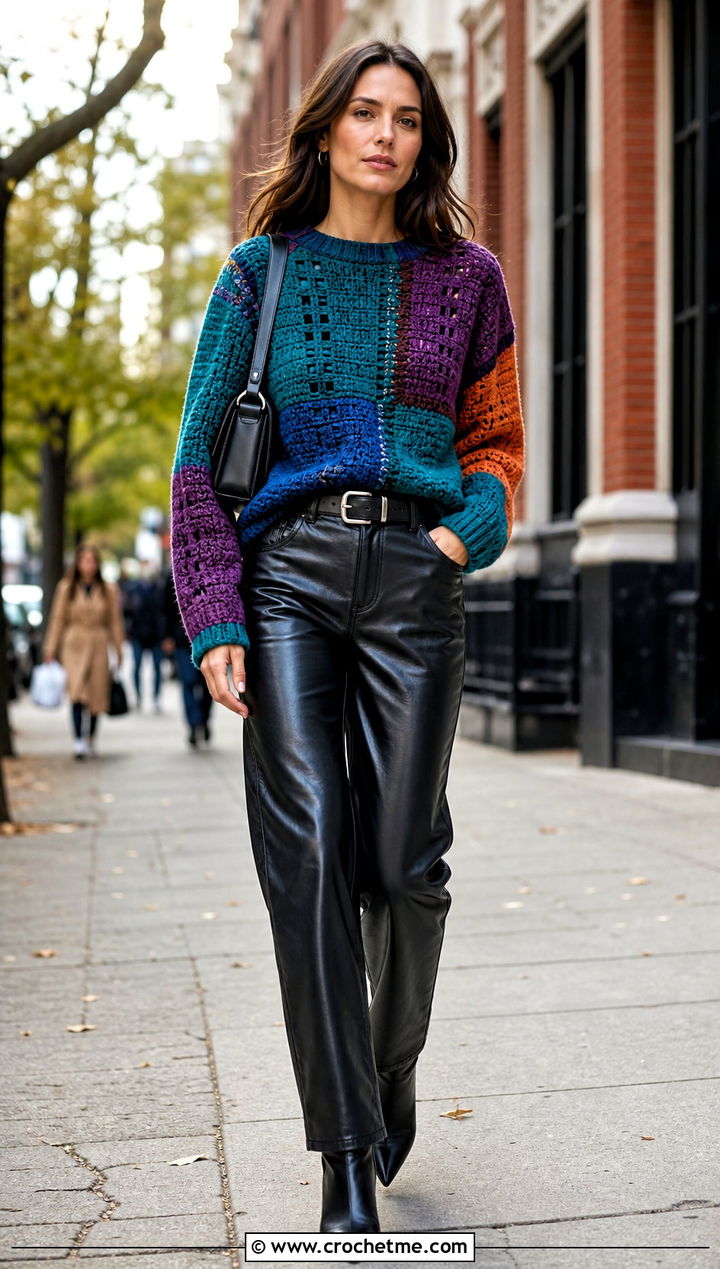 Patchwork Crochet Sweater With Leather Pants - 25 Colorful Crochet Sweater Ideas
