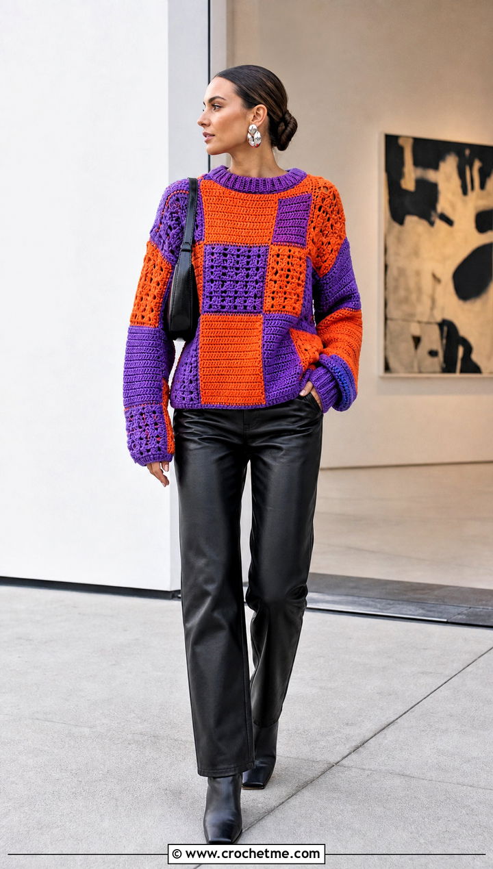 Patchwork Crochet Sweater With Leather Pants - 25 Funky Crochet Sweater outfit ideas