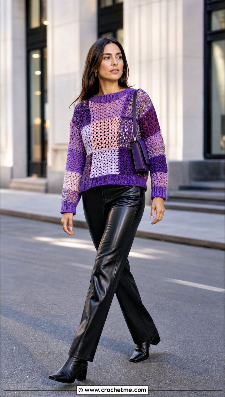 Patchwork Crochet Sweater With Leather Pants - 25 vintage crochet sweater outfit ideas