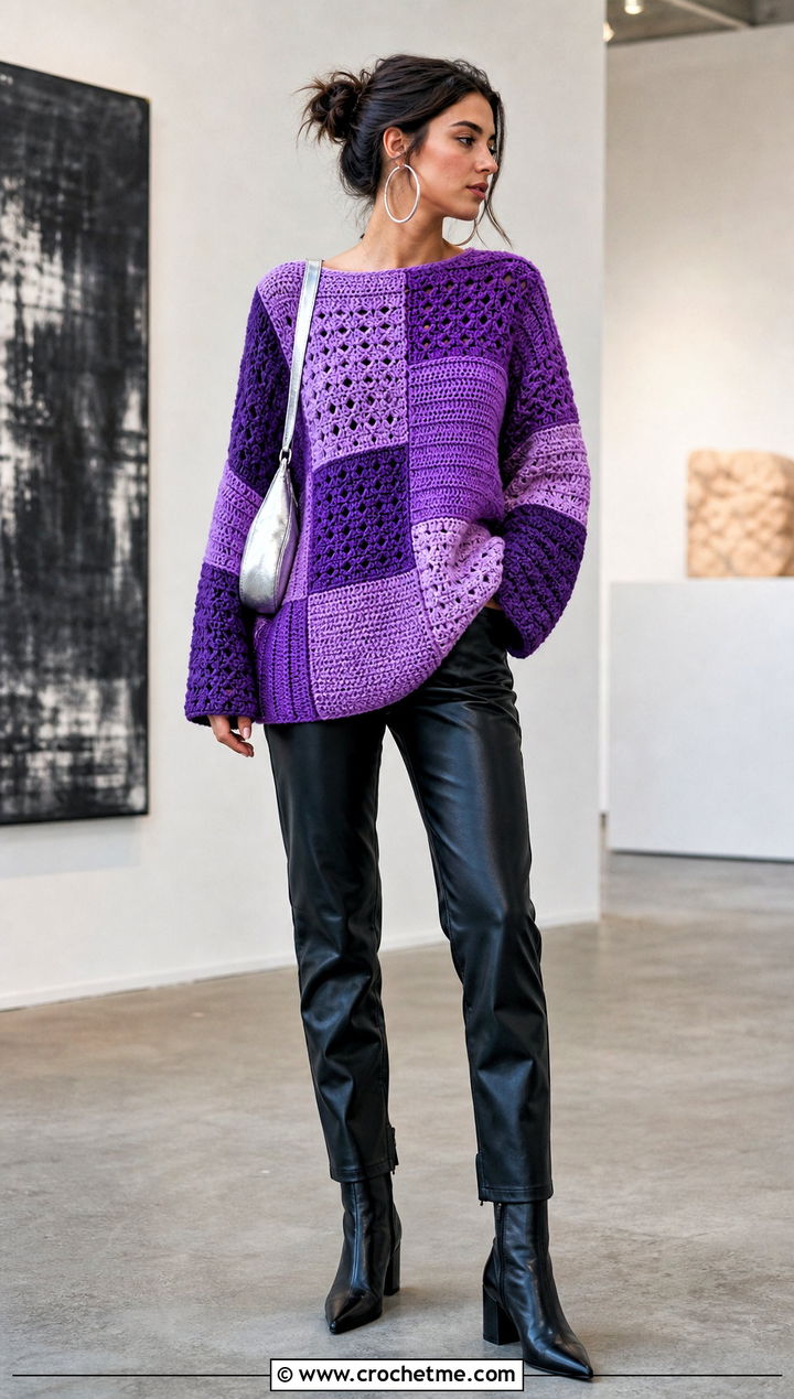 Patchwork Crochet Sweater With Leather Pants - 15 Bohemian Style Crochet Sweater outfit ideas