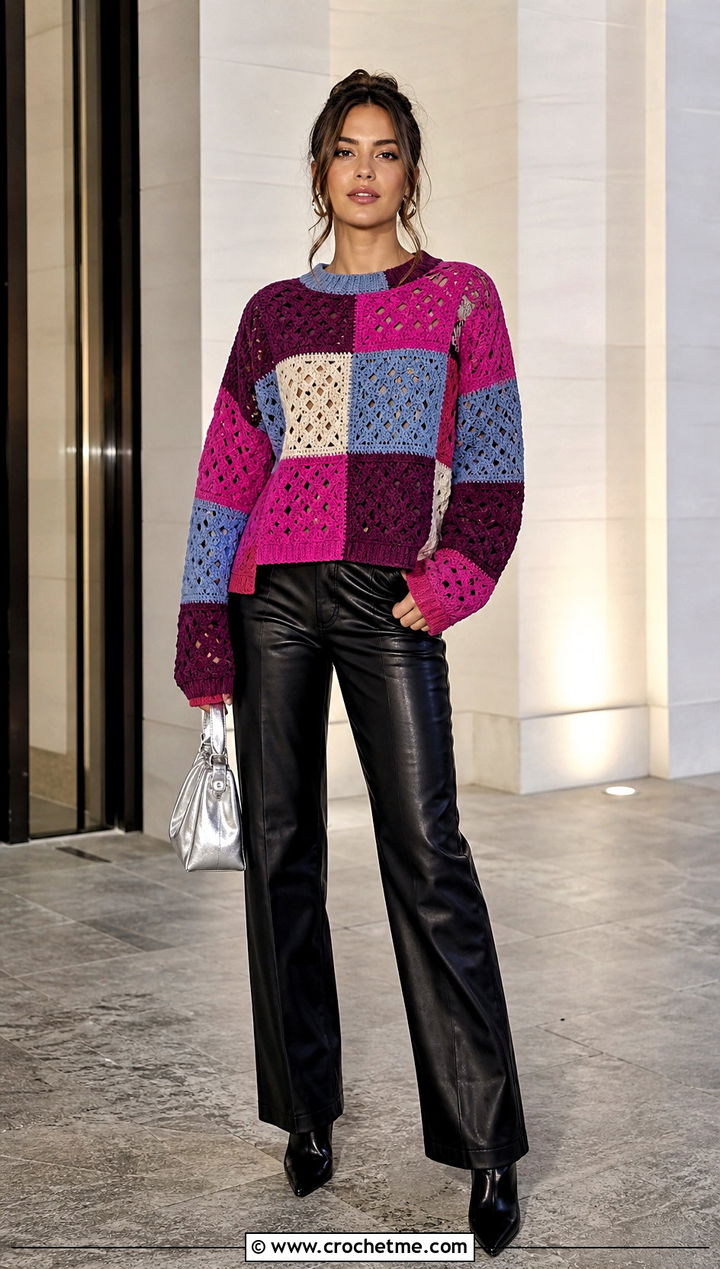Patchwork Crochet Sweater With Leather Pants - 20 Comfy Crochet Sweater outfit ideas