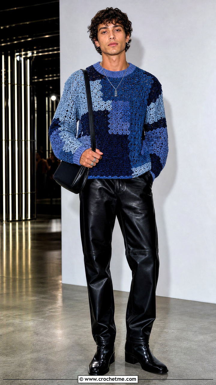 Patchwork Crochet Sweater With Leather Pants - 35 crochet sweater for men outfit ideas