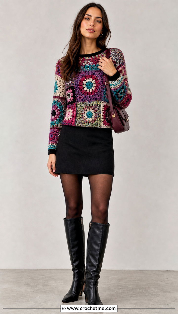 Patchwork Crochet Sweater With Mini Skirt And Boots - 15 Crochet Womens Sweaters outfit ideas
