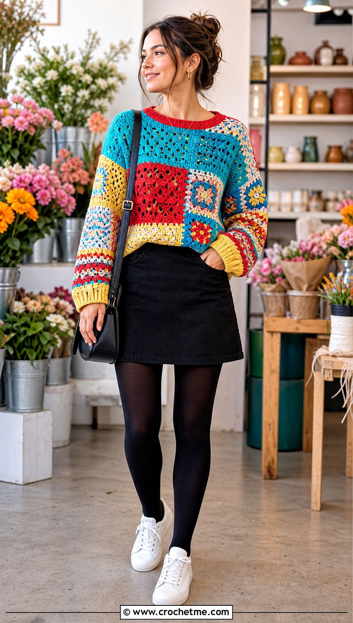 Patchwork Crochet Sweater With Mini Skirt And Sneakers - 15 bright crochet sweater design outfit ideas