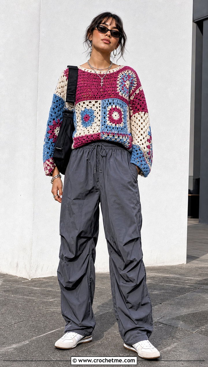 Patchwork Crochet Sweater With Parachute Pants - 25 Crochet Textured Sweater outfit ideas