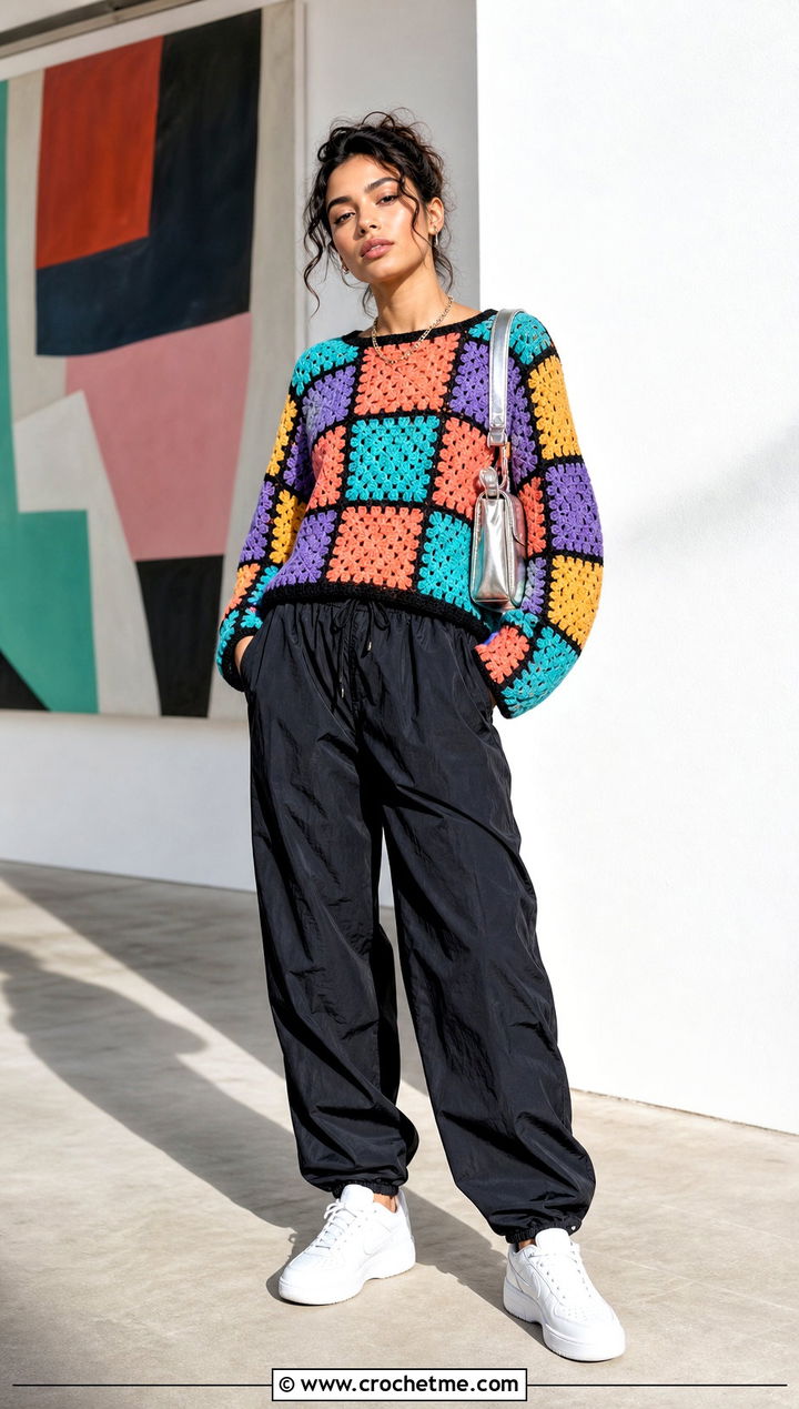 Patchwork Crochet Sweater With Parachute Pants - 15 Crochet Projects Sweaters outfit ideas
