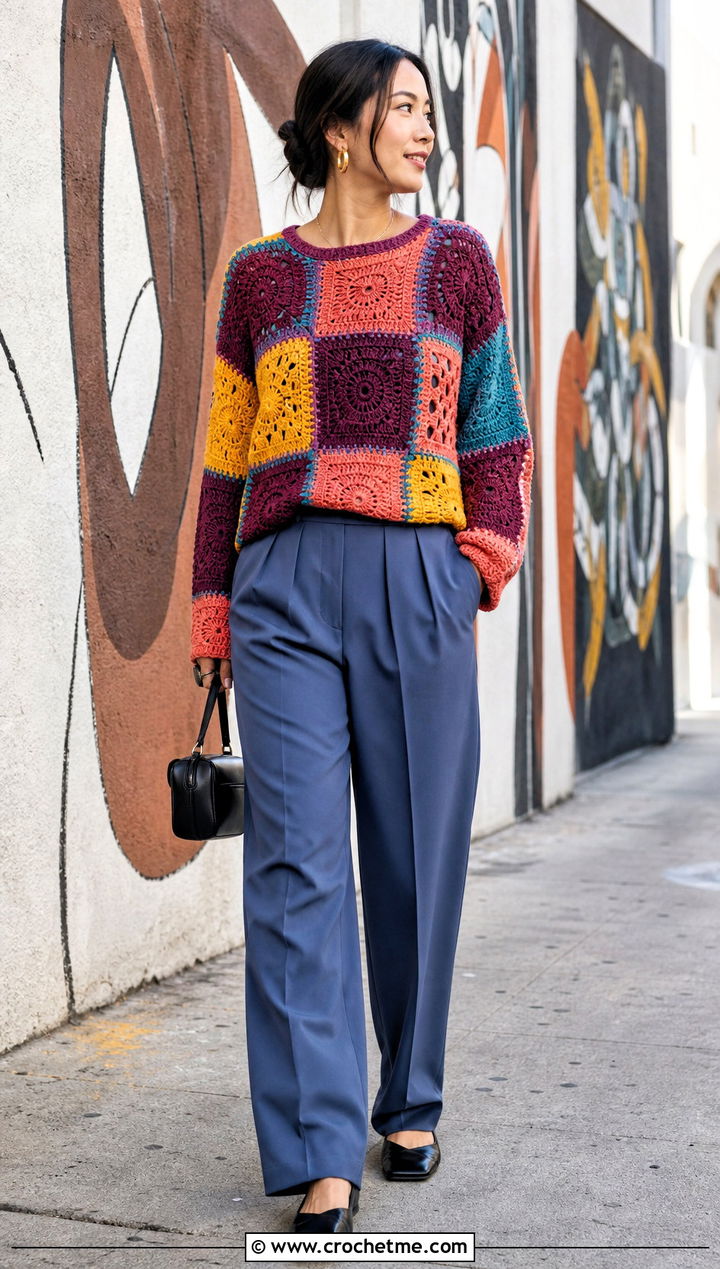 Patchwork Crochet Sweater With Pleated Trousers - 25 handmade crochet sweater outfit ideas