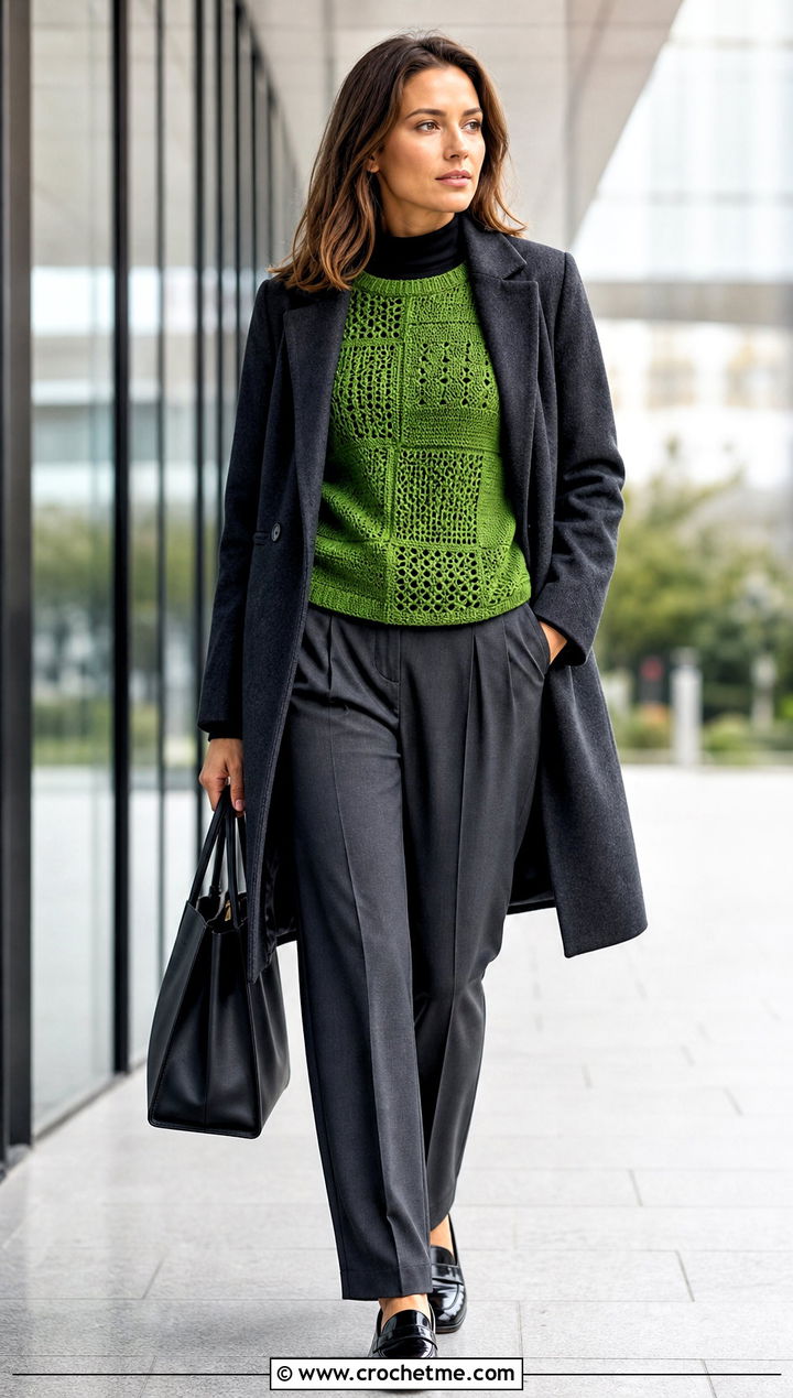 Patchwork Crochet Sweater With Tailored Trousers - 30 winter crochet sweater outfit ideas