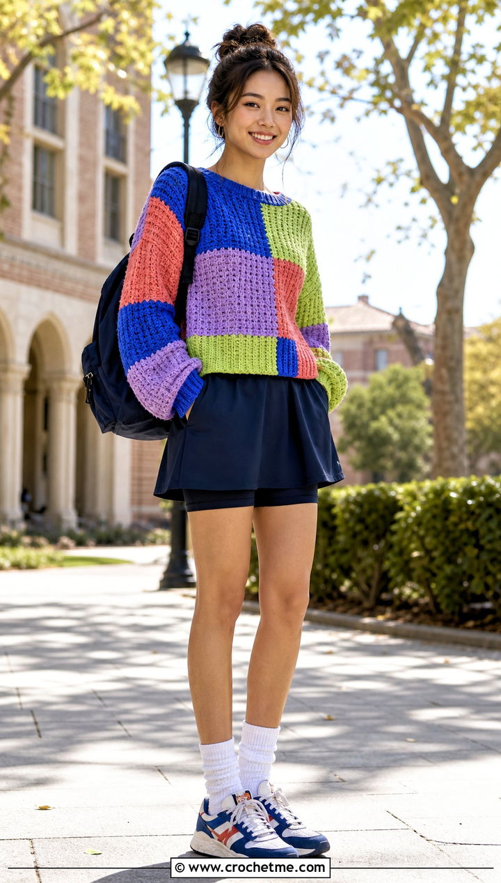 Patchwork Crochet Sweater With Tennis Skirt - 35 Kawaii Crochet Clothes and outfit ideas