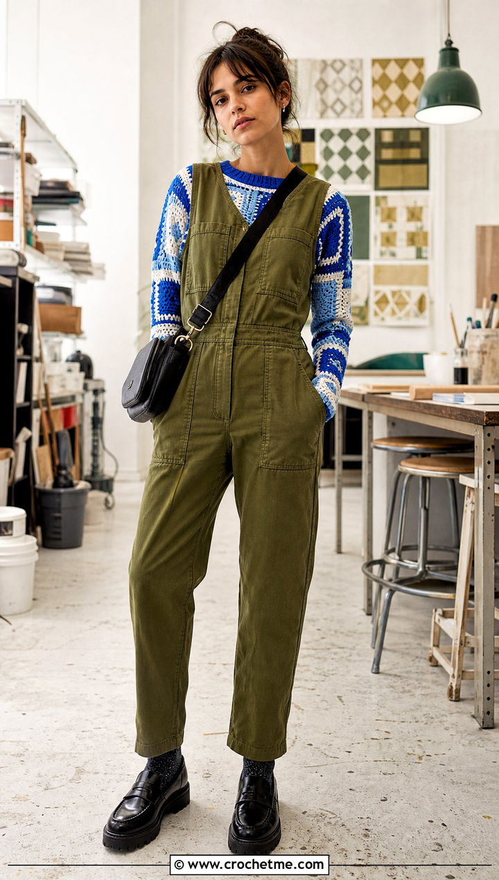 Patchwork Crochet Sweater With Utility Jumpsuit - 15 crochet sweater with geometric outfit ideas