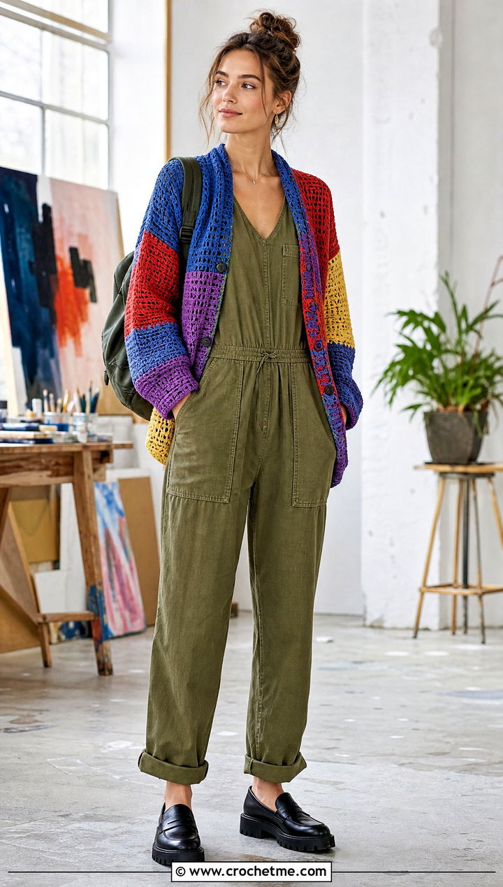 Patchwork Crochet Sweater With Utility Jumpsuit - 15 old navy crochet sweater outfit ideas