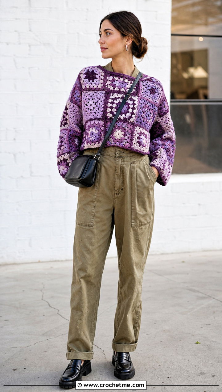 Patchwork Crochet Sweater With Utility Jumpsuit - 35 easy crochet sweaters outfit ideas