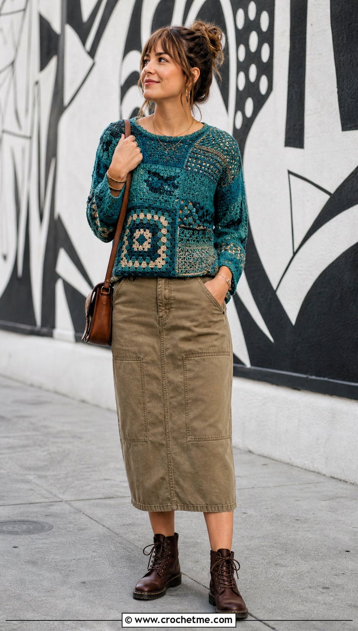 Patchwork Crochet Sweater With Utility Midi Skirt - 25 Crocheted Sweaters For Women outfit ideas