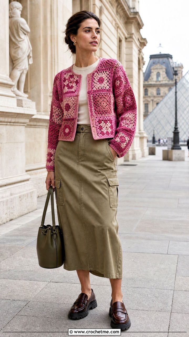 Patchwork Crochet Sweater With Utility Midi Skirt - 35 crochet loose sweater outfit ideas