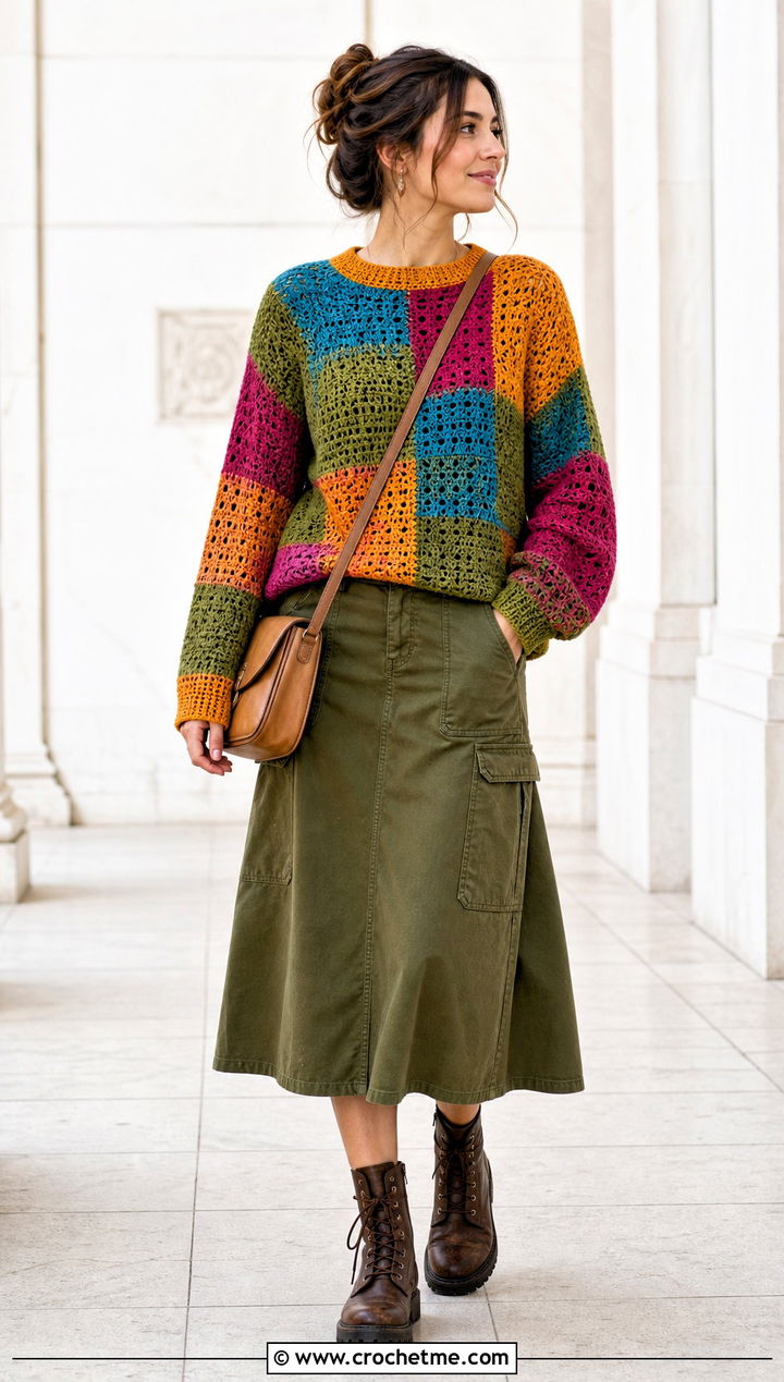 Patchwork Crochet Sweater With Utility Skirt - 25 Woman Crochet Sweater outfit ideas