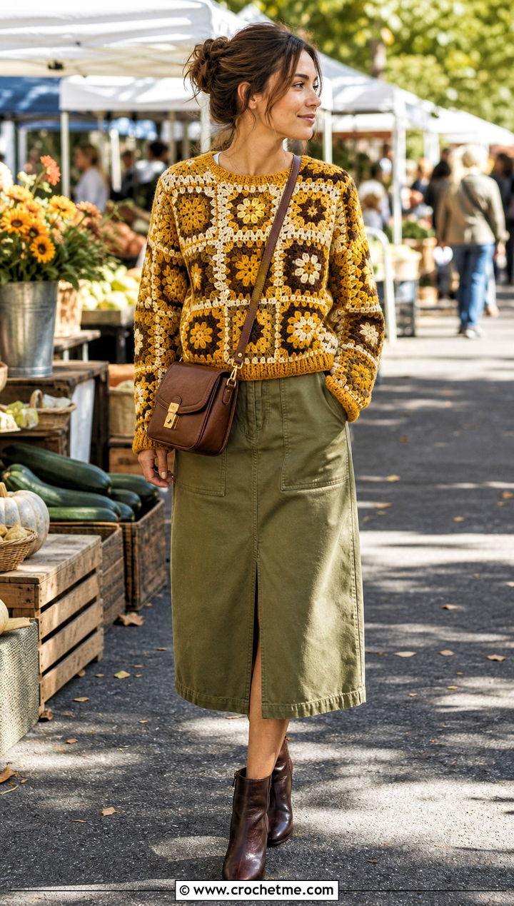 Patchwork Crochet Sweater With Utility Skirt - 20 Easy Crochet Sweater For Women outfit ideas
