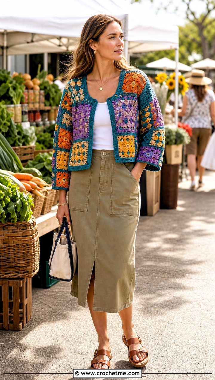 Patchwork Crochet Sweater With Utility Skirt - 25 summer crochet sweaters outfit ideas