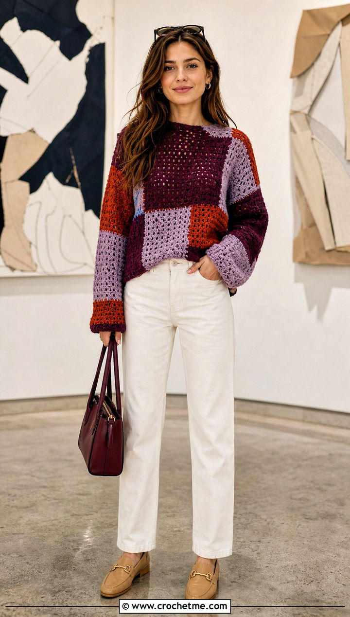Patchwork Crochet Sweater With White Jeans - 30 cozy crochet sweater outfit ideas
