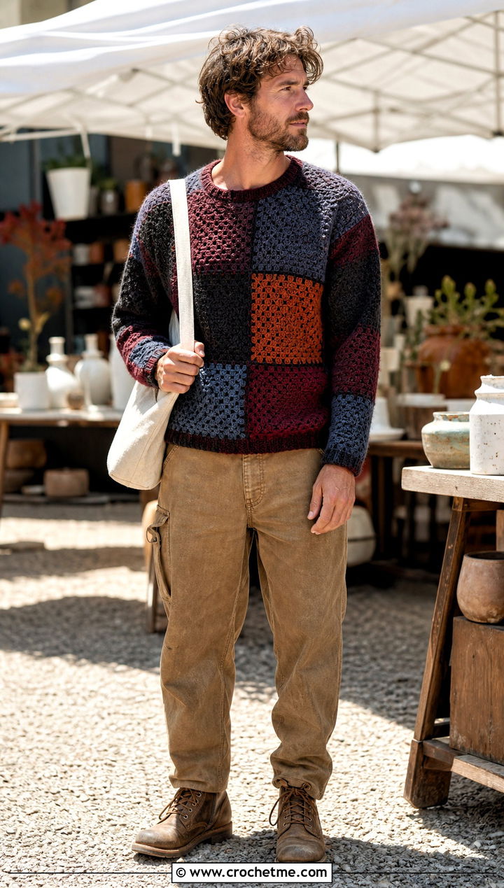 Patchwork Crochet Sweater With Workwear Pants - 30 male crochet sweater outfit ideas