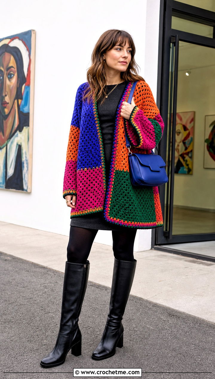 Patchwork Crochet Sweater Wrap With Mini Dress - 30 crochet sweater wrap outfit ideas