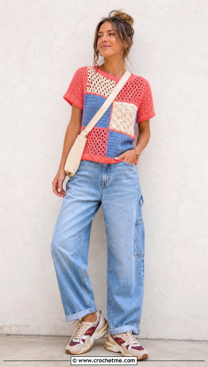 Patchwork Crochet T Shirt With Carpenter Jeans - 30 crochet t shirts outfit ideas