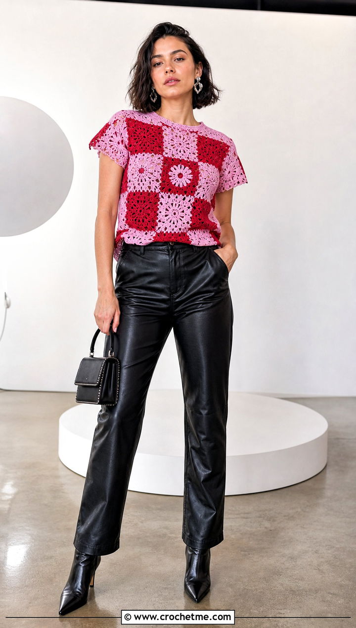 Patchwork Crochet T Shirt With Leather Pants - 30 2 Color Crochet Top outfit ideas