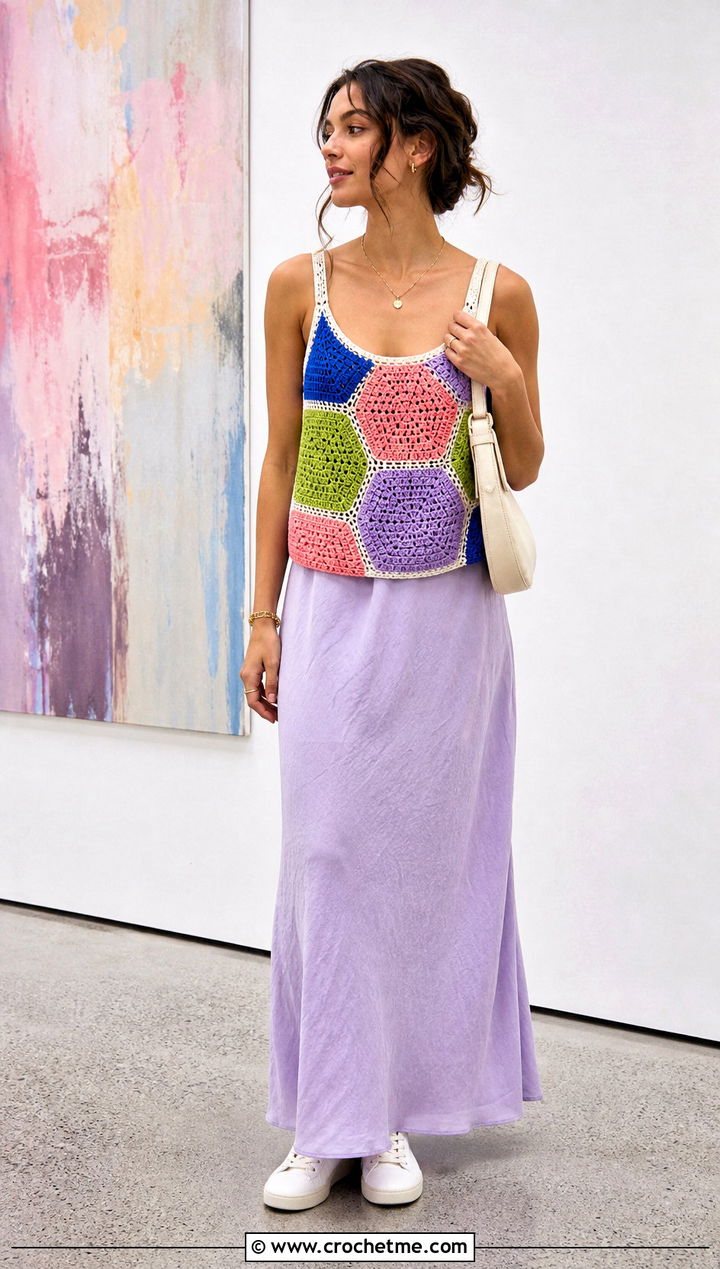 Patchwork Crochet Tank Top Over A Maxi Dress - 20 Crochet Womens Tank Top outfit ideas