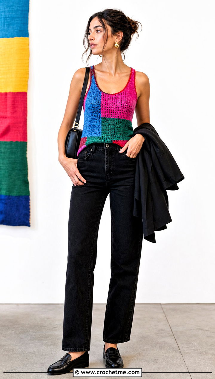 Patchwork Crochet Tank Top With Black Jeans - 25 Simple Crochet Tank Top outfit ideas