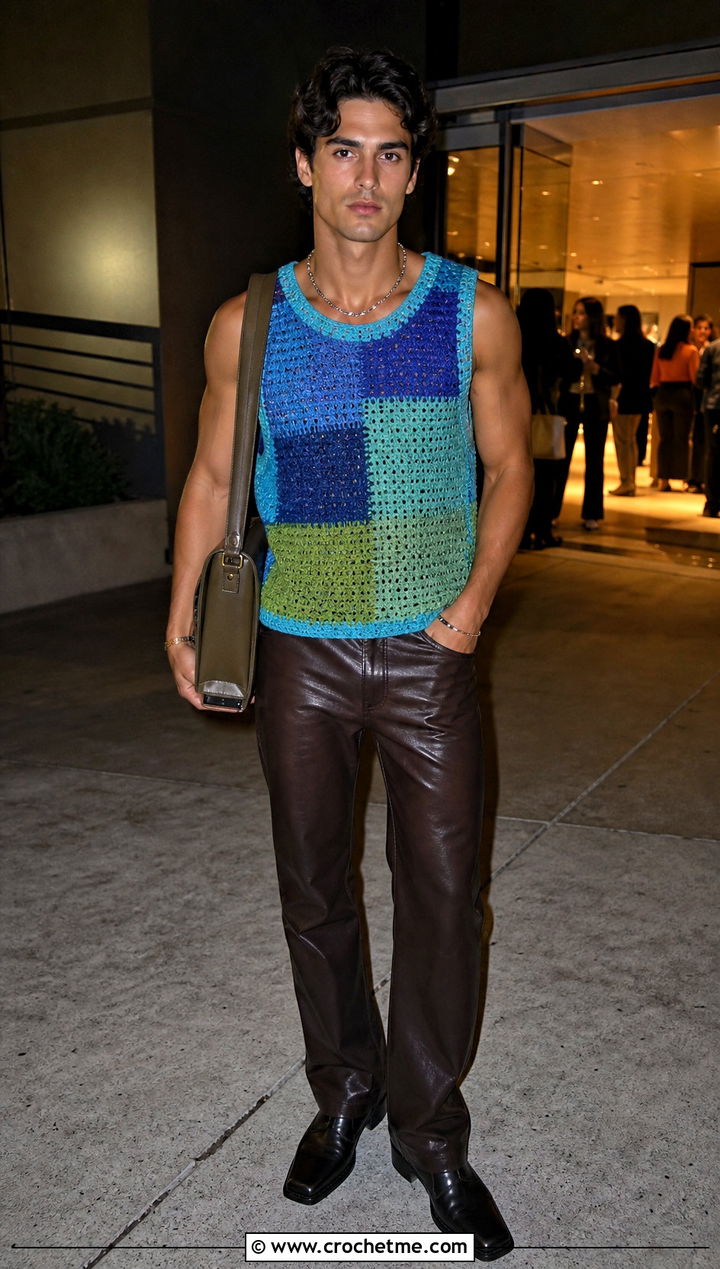 Patchwork Crochet Tank Top With Brown Leather Pants - 30 Mens Crochet Tank Top outfit ideas